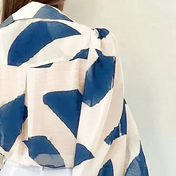 Blue Casual Women's Long Sleeve Allover Print Blouse Shirt - Picture 3 of 4